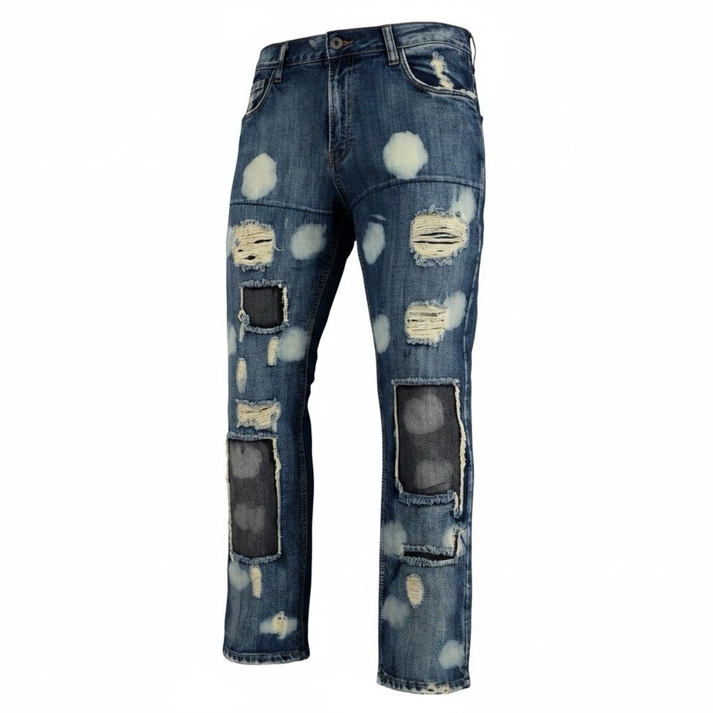 FWRD Jeans Men’s Size 39X32 Blue Wash Distressed Frayed Stacked Patches Stretch